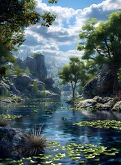 Poster - Peaceful Mountain River Landscape with Lush Greenery and Blue Sky