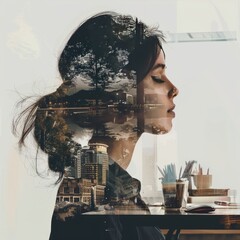 Poster - Professional girl in a double exposure with office elements.