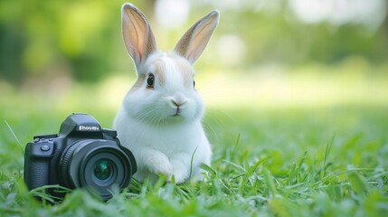 Wall Mural - A close-up of a little white and brown rabbit sitting on fresh green grass, with the camera capturing the scene.