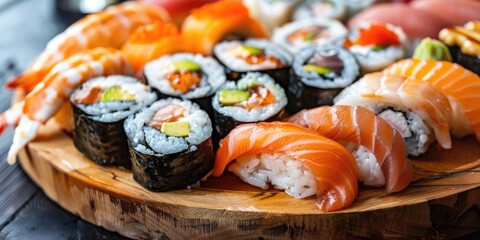 Poster - Japanese seafood sushi and maki on a wooden plate