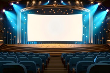 Poster - Empty Stage with Blue Curtains and Spotlights in Cinema