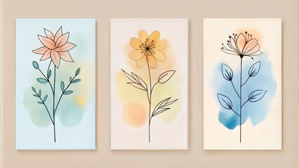 Wall Mural - Set of three vertical poster,  minimalist floral one line art