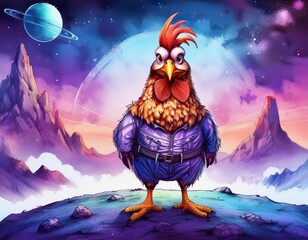 Wall Mural - Cartoon rooster on the moon in the night