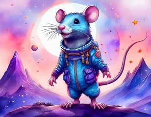 Wall Mural - Cartoon mouse on the moon in the night