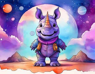 Wall Mural - Cartoon rhino on the moon in the night