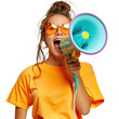 © zenith - A woman in an orange shirt is holding a microphone and making a loud noise. Concept of excitement and energy, as the woman is performing or participating in a lively event