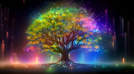 Poster - digital tree glowing in neon colors