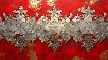 Poster - A stunning floral relief in silver contrasts beautifully against a rich red backdrop, showcasing artistic decor elements