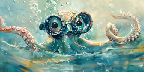 Wall Mural - Charming little octopus character with large cheerful eyes and snorkel gear joyfully dancing in crystal clear blue water watercolor illustration in soft pastel hues