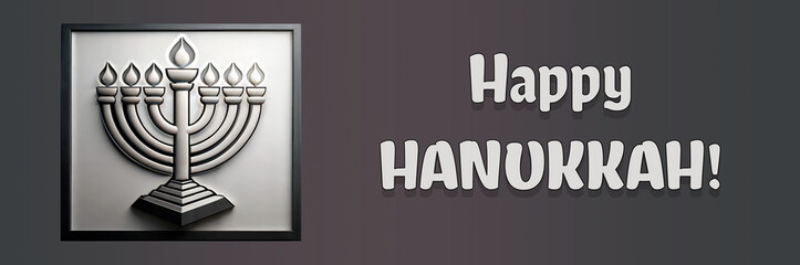 frame with a menorah on white background, banner happy hanukkah, gray background