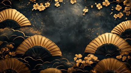 Wall Mural - Gold fans and delicate flowers create a striking composition against a dark and textured backdrop