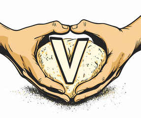 Two hands holding an unmade bread with the letter V in between, on a vectorized white background