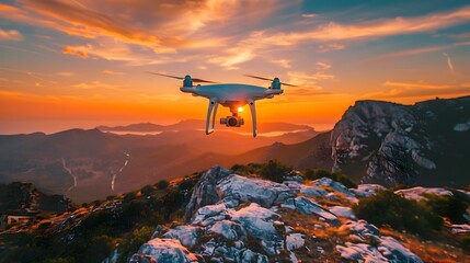 Sticker - Sleek Drone Capturing Breathtaking Sunset Over Mountain Range Vibrant Sky Reflecting on Smooth Surface