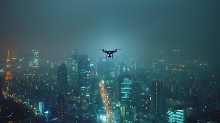 Poster - Drone Soaring Over Bustling Nighttime Cityscape Showcases Urban Energy and Innovation