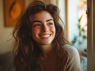 Wall Mural - A woman with long brown hair smiles directly at the camera