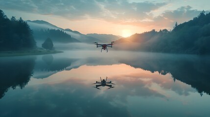 Canvas Print - Drone Capturing the Serene Sunrise Reflection on a Tranquil Lakeside Landscape