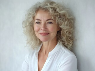 Wall Mural - A woman with blonde hair wearing a white shirt