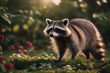 backyard raccoon animal mammal wildlife funny wild furry cute nature fur mask tiny brown grey green closeup tree urban summer isolated