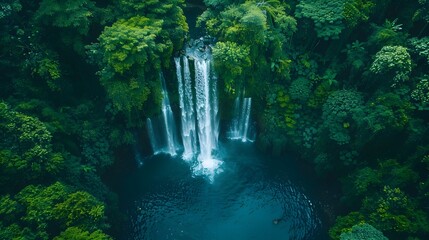 Wall Mural - Drone Captures Picturesque Waterfall Amidst Lush Tropical Surroundings