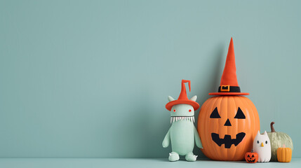 Wall Mural - A playful Halloween scene featuring a mint-green monster with an orange witch hat standing beside a large jack-o'-lantern, with a pastel green background creating a lighthearted atmosphere.