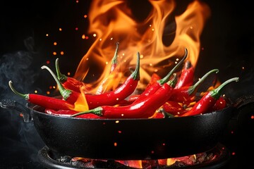 Delicious red chili peppers on fire, cut out , ai