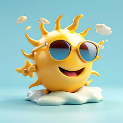 5. Cheerful cartoon sun character with sunglasses, beaming brightly against a light blue sky 