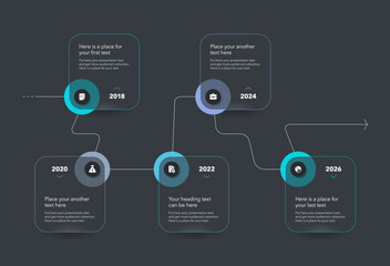Aufkleber - Timeline infographic template with five steps - dark version. SImple chart design with icons and thin lines for workflow layout, banner or web design.