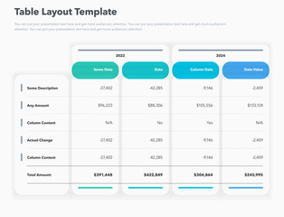 Poster - Table layout template with column year and a total amount row. Simple flat template for project data visualization.