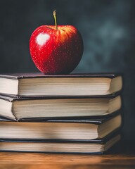 Red apple on a stack of books against a dark background.