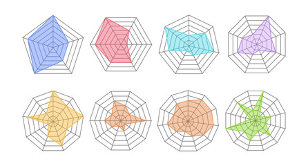 Set of black polar grid. Spider Radar Chart Diagram template. pentagon, quadrilateral, hexagon, octagon. Vector illustration.