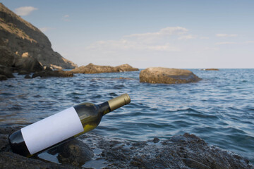 Wall Mural - Bottle of wine on the seashore