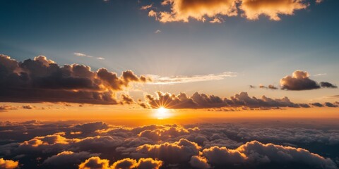 Serene and vibrant sunrise landscape with fluffy clouds and warm