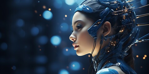 A girl's face is shown on the right side of her head, with lines and dots connecting to create an artificial intelligence network pattern in dark blue tones.