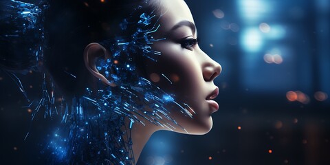 A girl's face is shown on the right side of her head, with lines and dots connecting to create an artificial intelligence network pattern in dark blue tones.