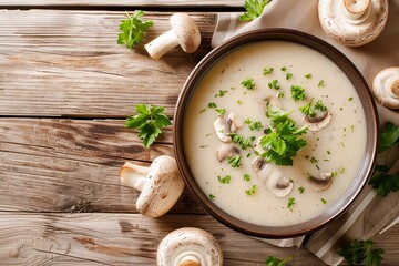 Wall Mural - A steaming bowl of savory mushroom soup garnished with fresh parsley, set on a rustic wooden table with mushrooms and herbs in the background.