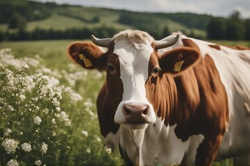 Poster - close countryside cow spring dairy field beef grass curious farmland fresh meadow grazing graze milk agriculture mammal green white frisian day nostril creature head herbage summer farm springtime