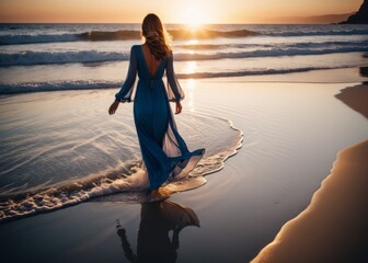 Wall Mural - Golden Beach Sunset: Person in Flowing Dress Walking on Shore, D