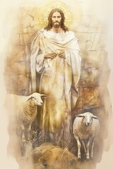 Jesus with Sheep in Gentle Watercolor, Inspiring Religious Artwork for Faith-Based Home and Church Decor