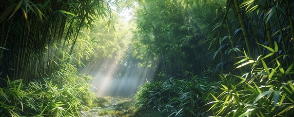 Wall Mural - Tranquil bamboo grove with filtered sunlight, 4K hyperrealistic photo