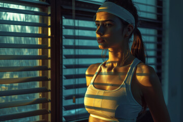 A young and beautiful female wearing sportswear standing near a window