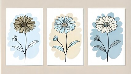 Wall Mural - Set of three vertical poster,  minimalist calendula one line art