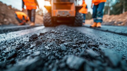 Wall Mural - Road Construction Workers Paving Asphalt on a New Road with Heavy Machinery in the Background