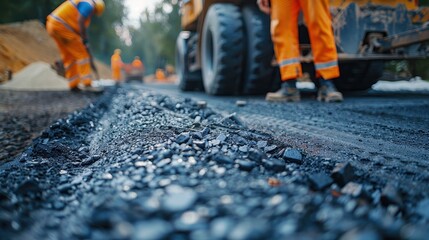 Wall Mural - Road Construction Workers Paving Asphalt on a New Road with Heavy Machinery in the Background