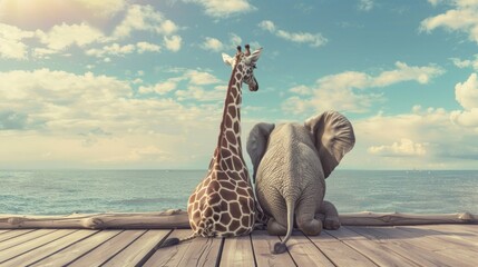 An elephant and a giraffe sit on a platform by the sea, with a peaceful ocean view and three small boats. The illustration exudes tranquility and companionship.