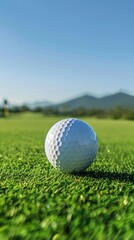 Sticker - Close-up of a white golf ball with dimples on lush green grass, framed by a mountain range and clear sky. Serene golfing environment depicted.