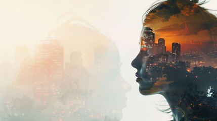 Wall Mural - Professional woman in a double exposure with cityscapes.