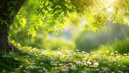 Wall Mural - Beautiful sunny spring day in the park with green grass, trees and flowers.