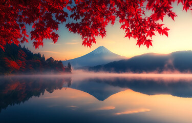 Wall Mural - sunset over the lake mount fuji