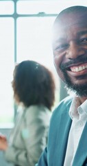 Sticker - Happy, confidence and face of black man at desk for consulting service, business development and online support. Office, portrait and businessman with computer, typing and smile at digital agency