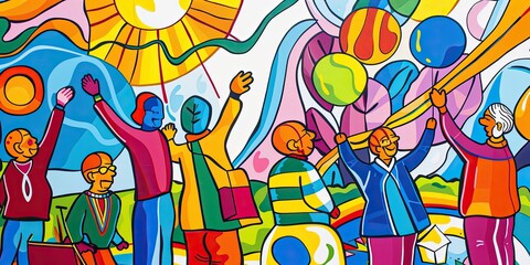 Wall Mural - Colorful cartoon mural of people holding balloons.